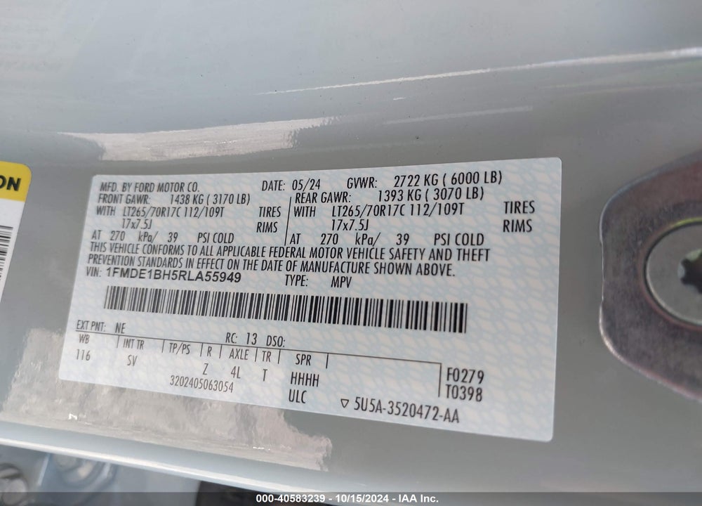 2024 FORD BRONCO BLACK DIAMOND VIN: 1FMDE1BH5RLA55949