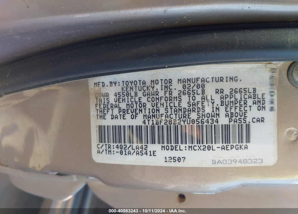 2000 TOYOTA AVALON XLS VIN: 4T1BF28B2YU056434