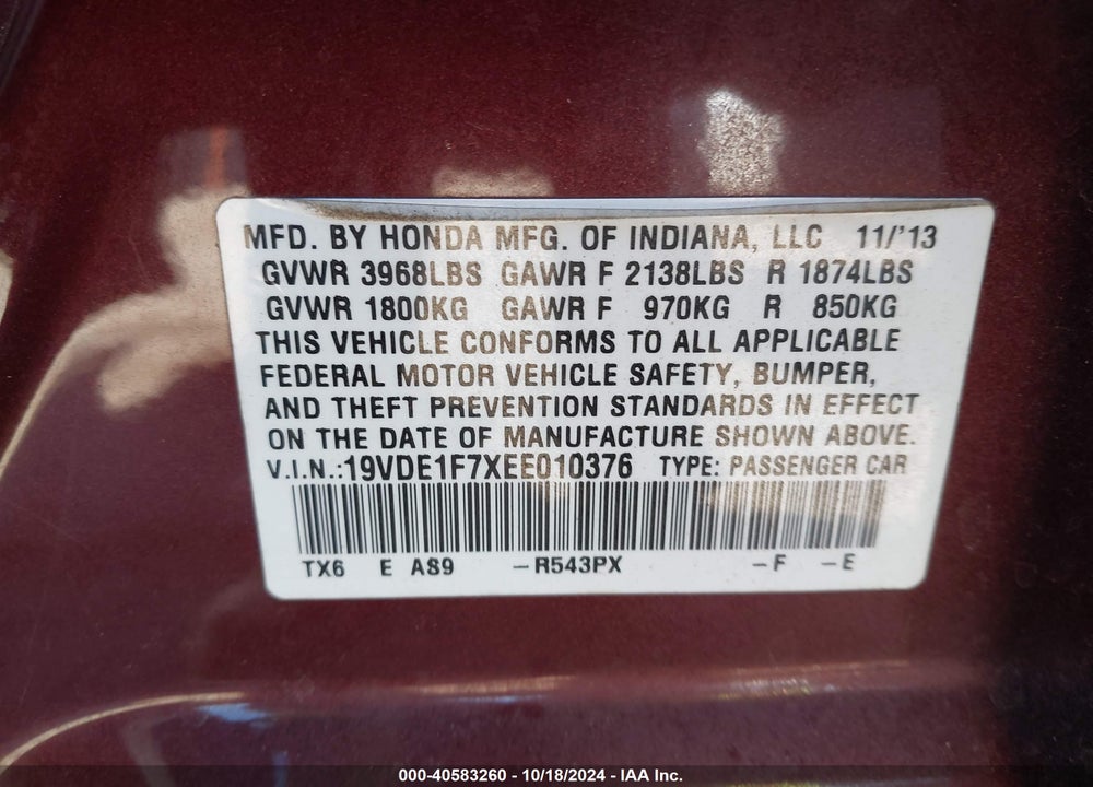 2014 ACURA ILX 2.0L VIN: 19VDE1F7XEE010376
