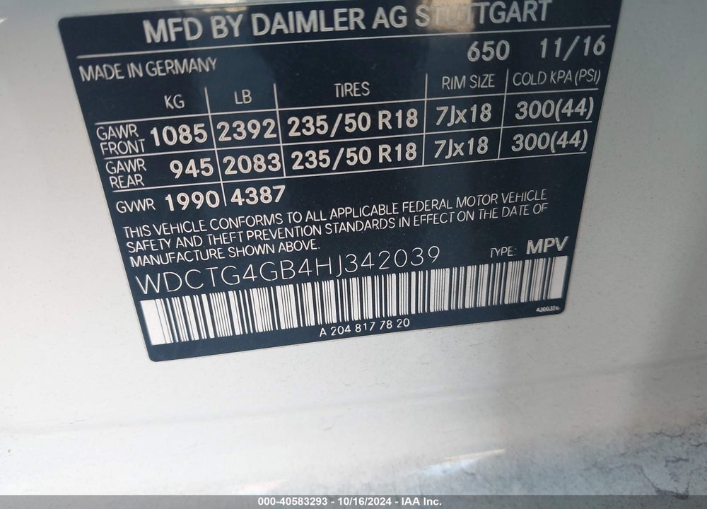 2017 MERCEDES-BENZ GLA 250 4MATIC VIN: WDCTG4GB4HJ342039