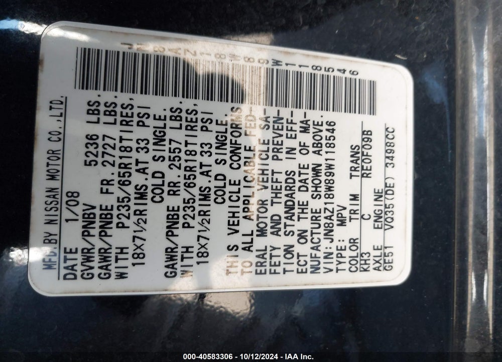 2009 NISSAN MURANO SL VIN: JN8AZ18W89W118546