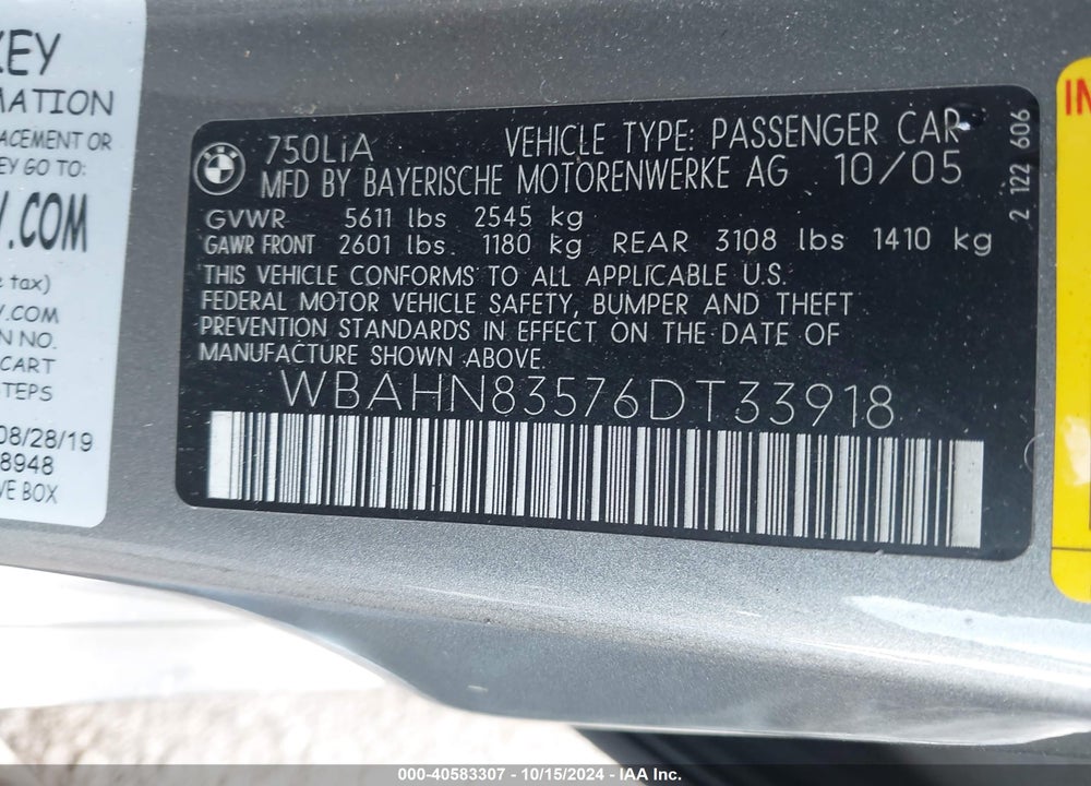 2006 BMW 750LI VIN: WBAHN83576DT33918