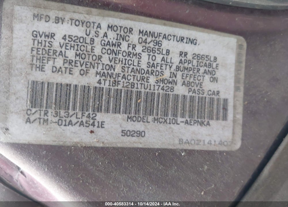 1996 TOYOTA AVALON XL/XLS VIN: 4T1BF12B1TU117428