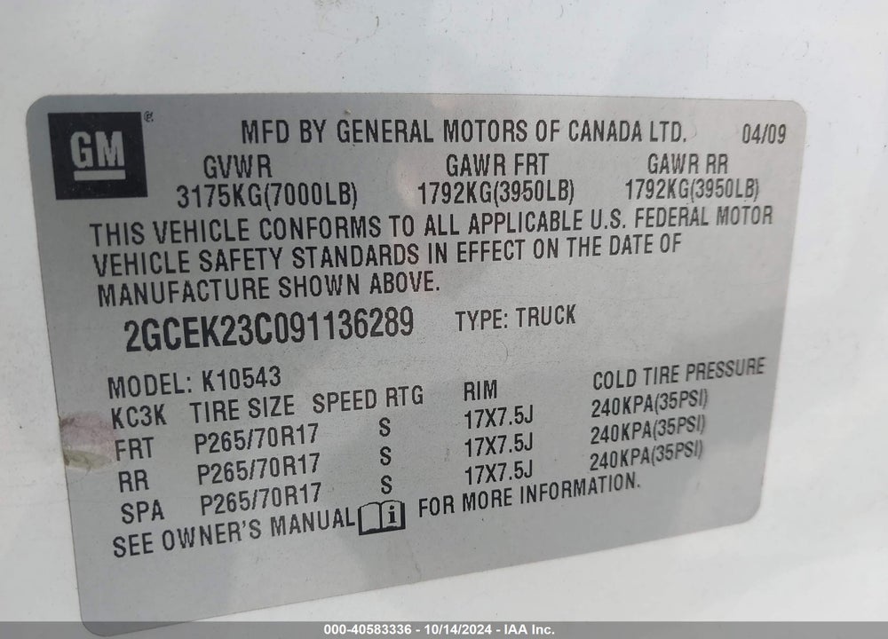 2009 CHEVROLET SILVERADO 1500 LT VIN: 2GCEK23C091136289