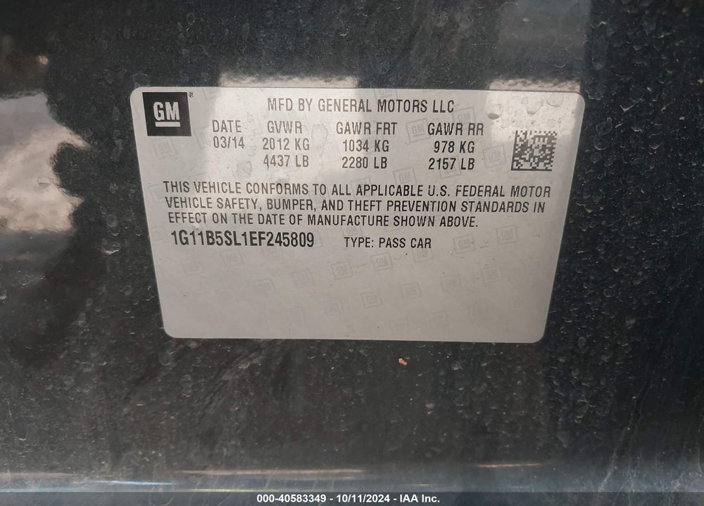 2014 CHEVROLET MALIBU 1LS VIN: 1G11B5SL1EF245809
