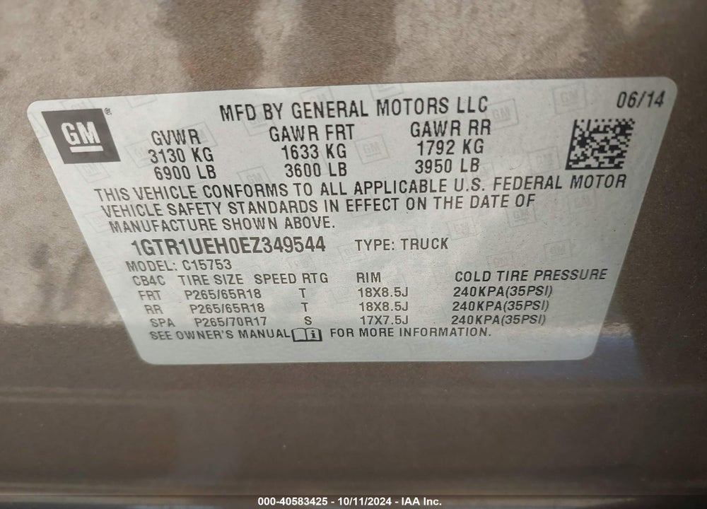 2014 GMC SIERRA 1500 SLE VIN: 1GTR1UEH0EZ349544