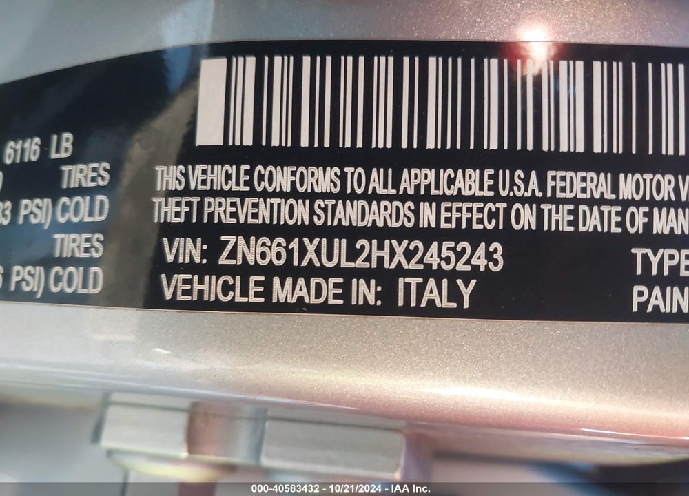 2017 MASERATI LEVANTE VIN: ZN661XUL2HX245243