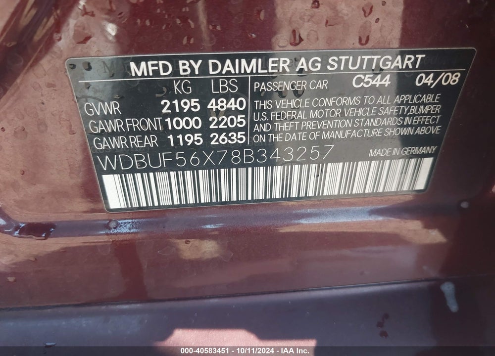 2008 MERCEDES-BENZ E 350 VIN: WDBUF56X78B343257