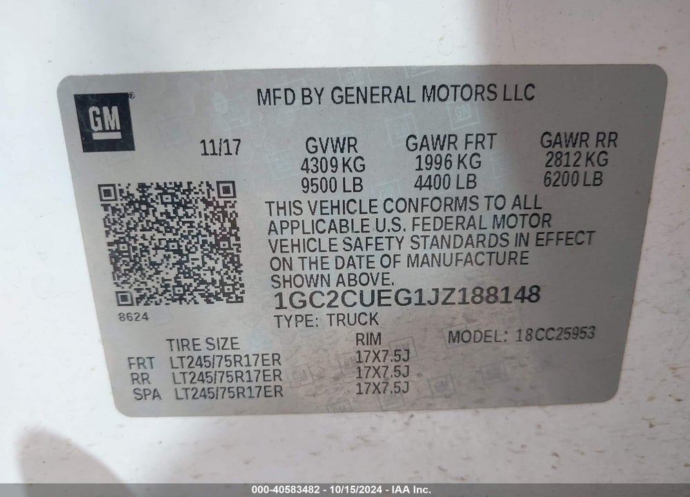 2018 CHEVROLET SILVERADO 2500HD WT VIN: 1GC2CUEG1JZ188148