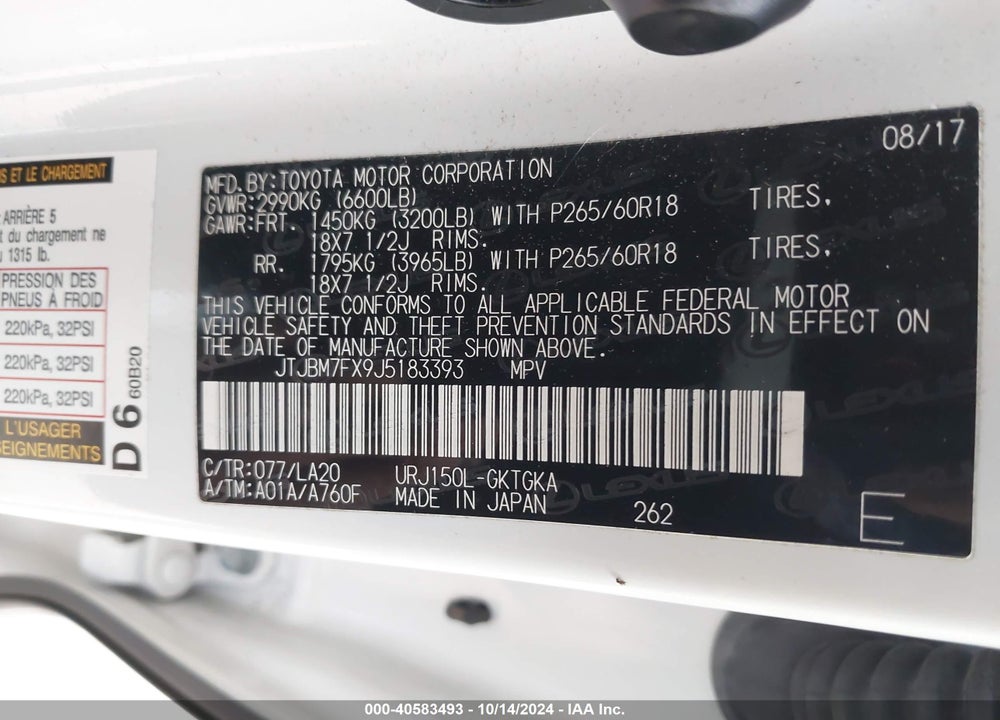 2018 LEXUS 460 VIN: JTJBM7FX9J5183393