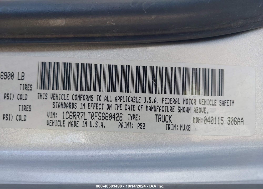 2015 RAM 1500 OUTDOORSMAN VIN: 1C6RR7LT0FS660426
