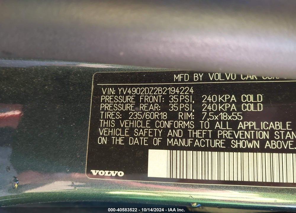 2011 VOLVO XC60 T6/T6 R-DESIGN VIN: YV4902DZ2B2194224