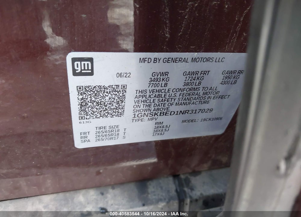 2022 CHEVROLET SUBURBAN 4WD LS VIN: 1GNSKBED1NR317029