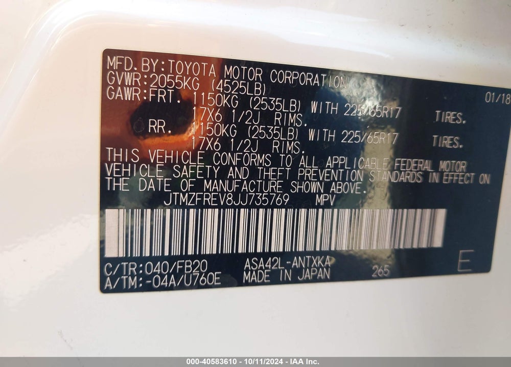 2018 TOYOTA RAV4 LE VIN: JTMZFREV8JJ735769