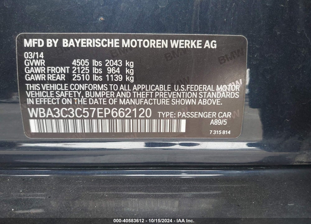 2014 BMW 320I XDRIVE VIN: WBA3C3C57EP662120