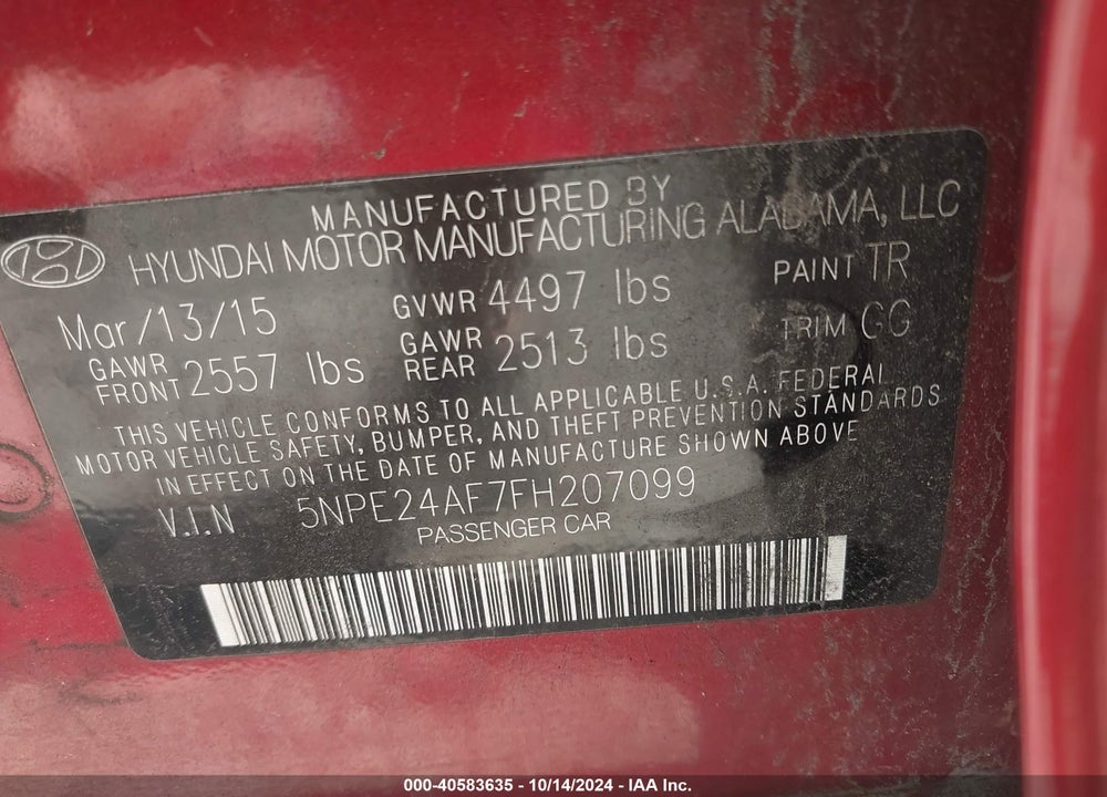 2015 HYUNDAI SONATA SE VIN: 5NPE24AF7FH207099