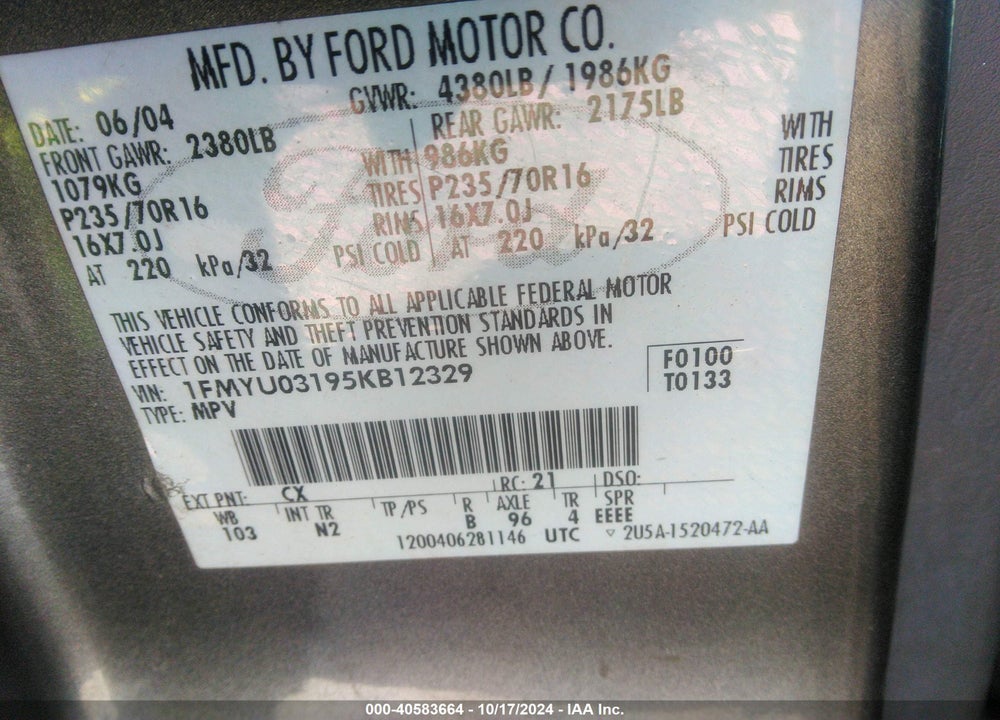 2005 FORD ESCAPE XLT VIN: 1FMYU03195KB12329
