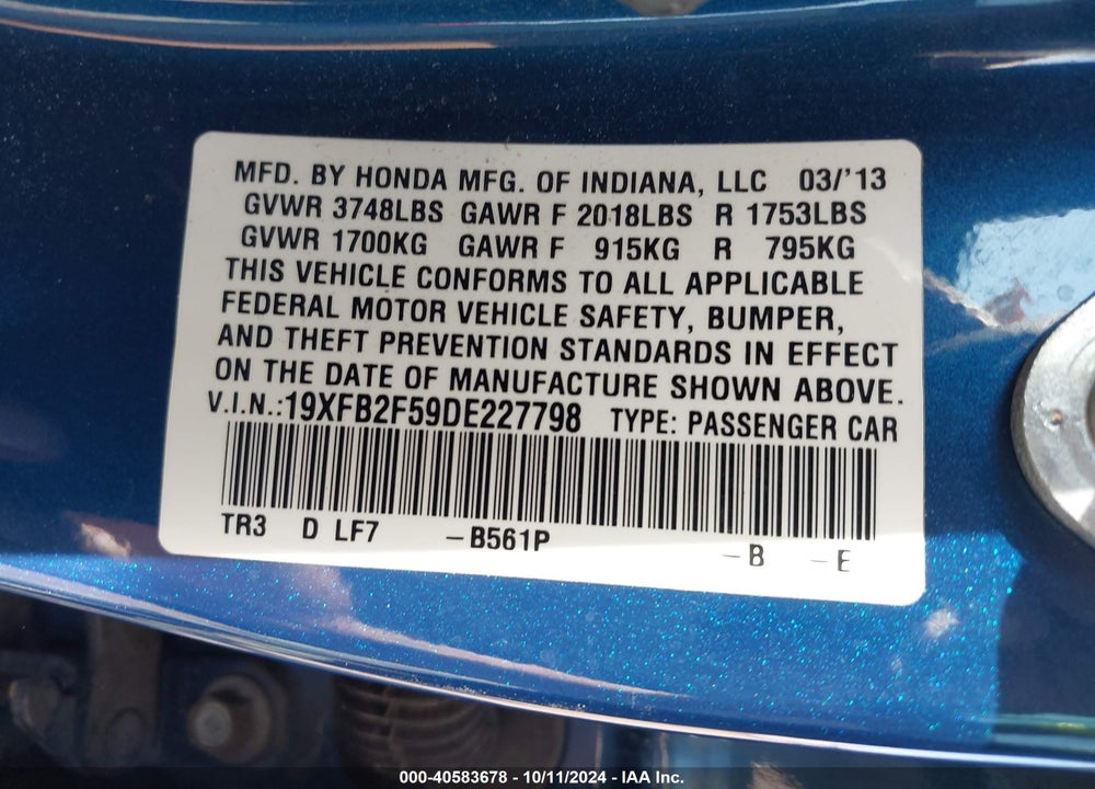 2013 HONDA CIVIC LX VIN: 19XFB2F59DE227798