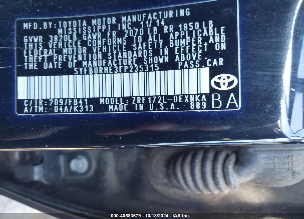 2015 TOYOTA COROLLA LE VIN: 5YFBURHE3FP235315