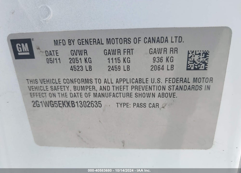 2011 CHEVROLET IMPALA LT VIN: 2G1WG5EKXB1302635