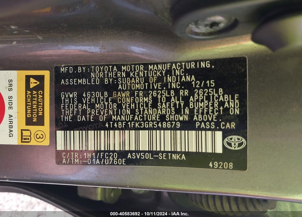 2016 TOYOTA CAMRY LE VIN: 4T4BF1FK3GR548679