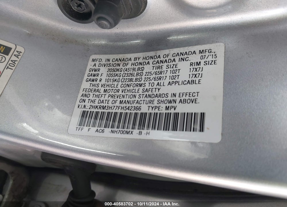 2015 HONDA CR-V EX-L VIN: 2HKRM3H77FH542366