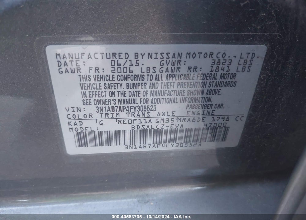 2015 NISSAN SENTRA S VIN: 3N1AB7AP4FY305523