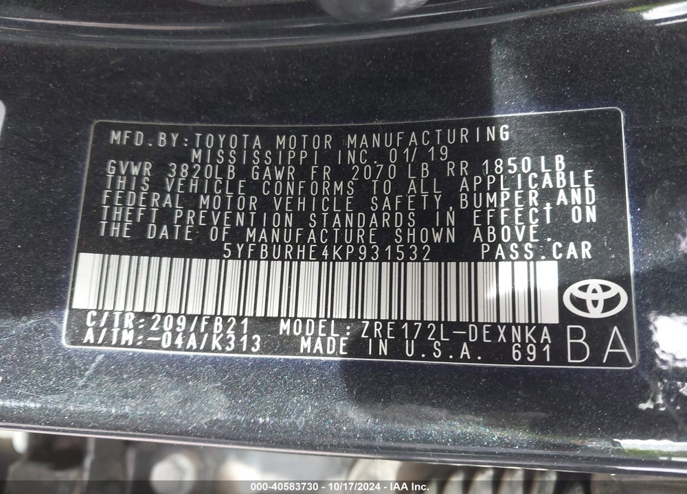 2019 TOYOTA COROLLA LE VIN: 5YFBURHE4KP931532