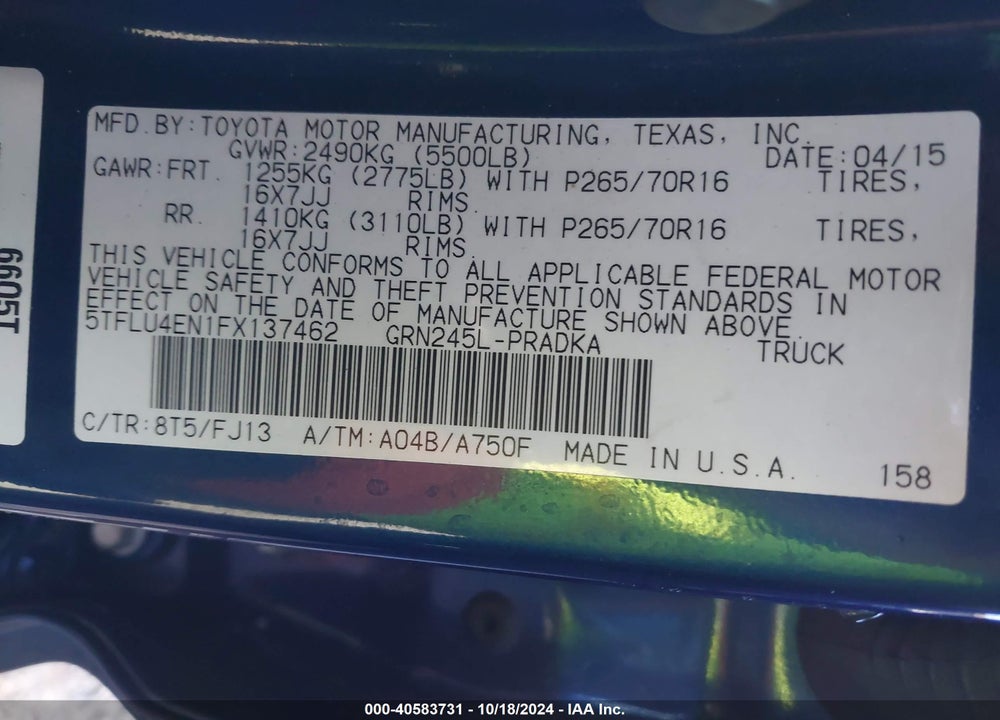 2015 TOYOTA TACOMA BASE V6 VIN: 5TFLU4EN1FX137462