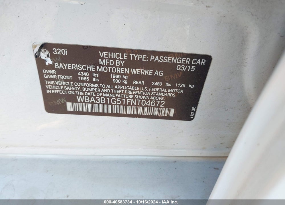 2015 BMW 320I VIN: WBA3B1G51FNT04672