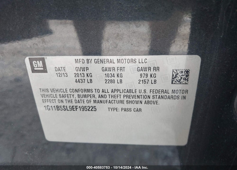 2014 CHEVROLET MALIBU 1LS VIN: 1G11B5SL9EF195225