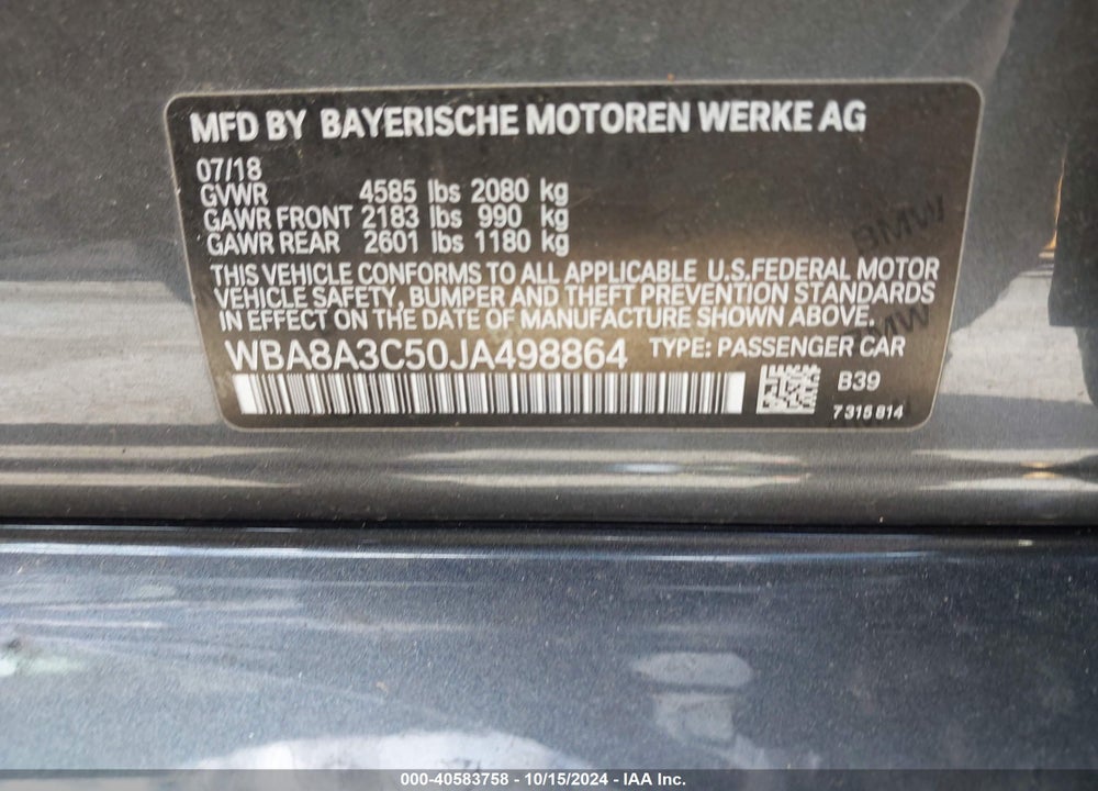 2018 BMW 320I XDRIVE VIN: WBA8A3C50JA498864