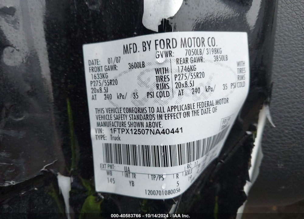 2007 FORD F-150 LARIAT/STX/XL/XLT VIN: 1FTPX12507NA40441