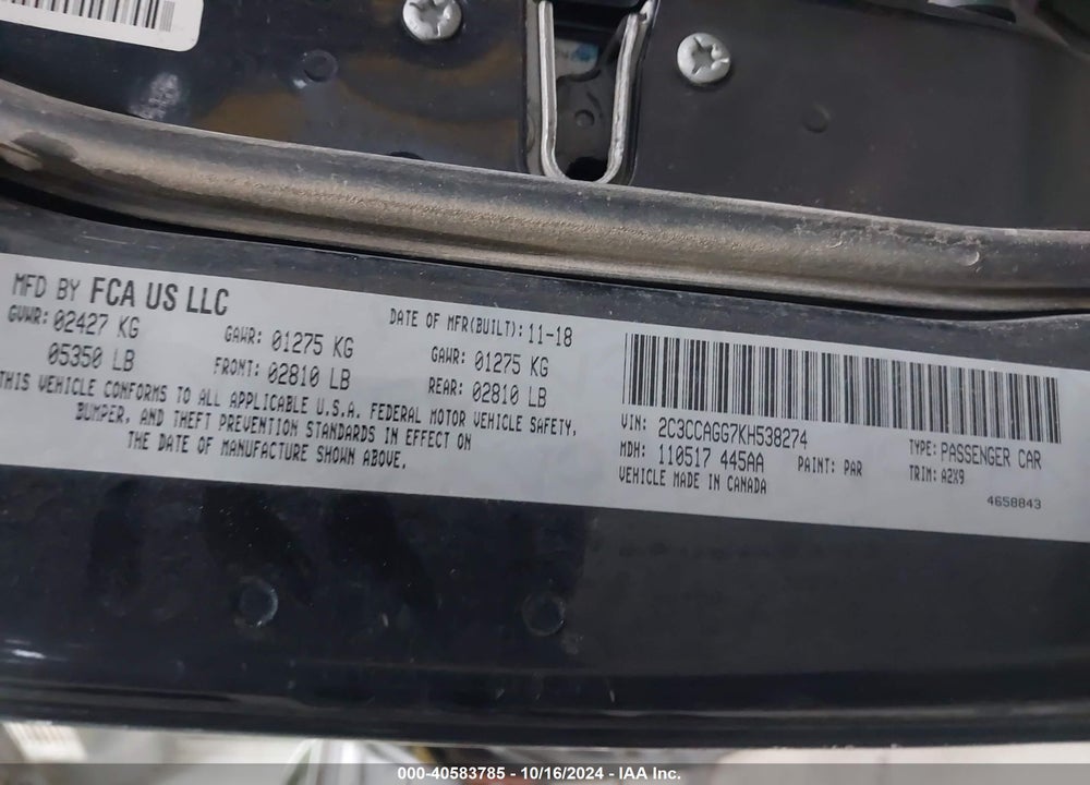 2019 CHRYSLER 300 300S AWD VIN: 2C3CCAGG7KH538274