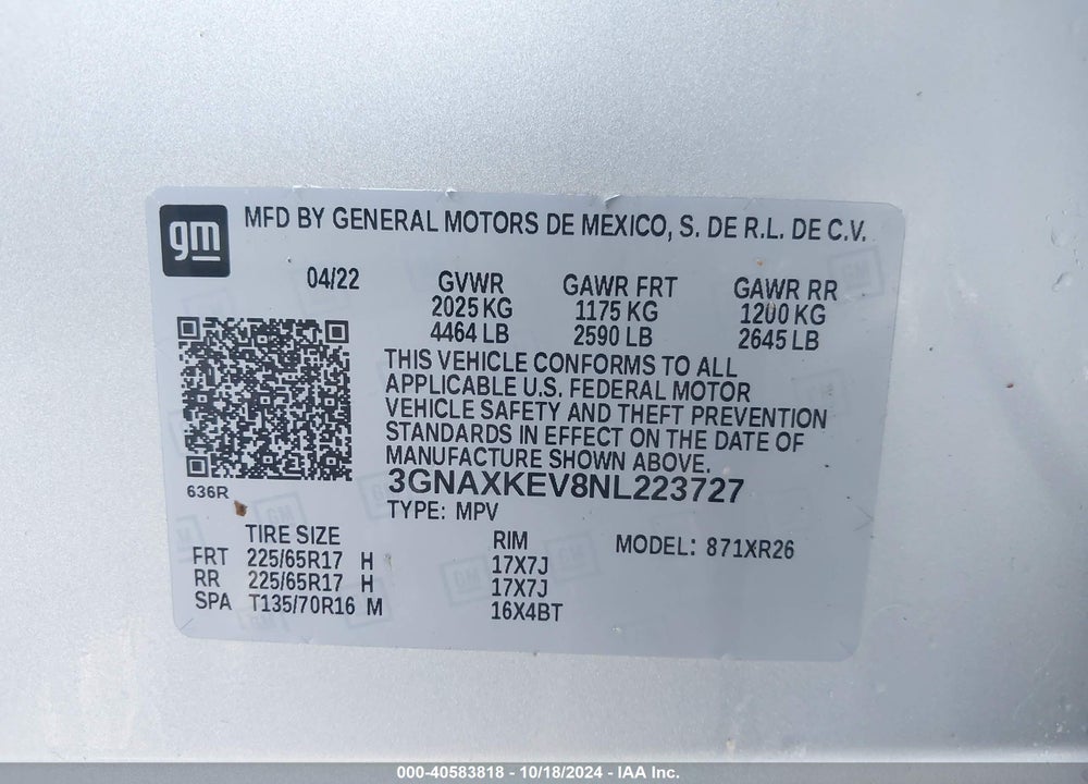 2022 CHEVROLET EQUINOX FWD LT VIN: 3GNAXKEV8NL223727