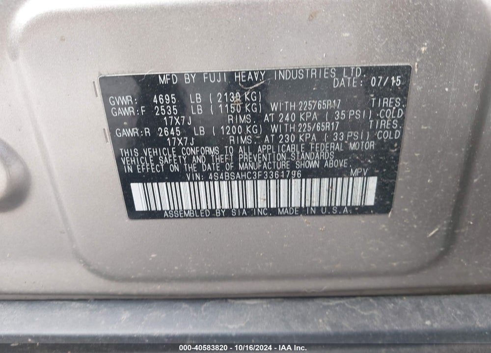 2015 SUBARU OUTBACK 2.5I PREMIUM VIN: 4S4BSAHC3F3361796