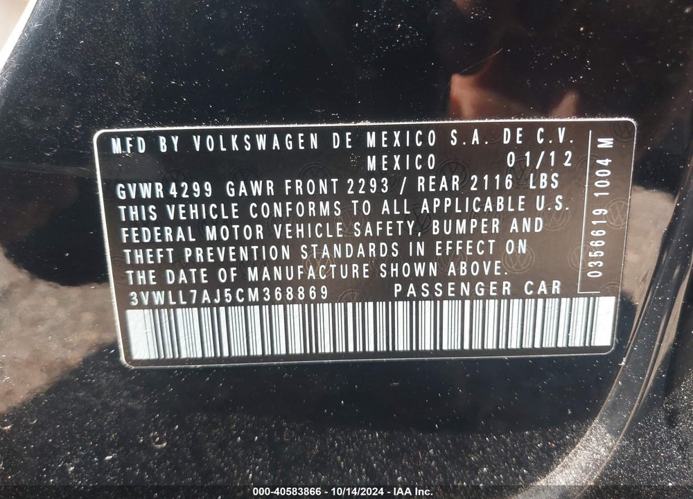 2012 VOLKSWAGEN JETTA 2.0L TDI VIN: 3VWLL7AJ5CM368869