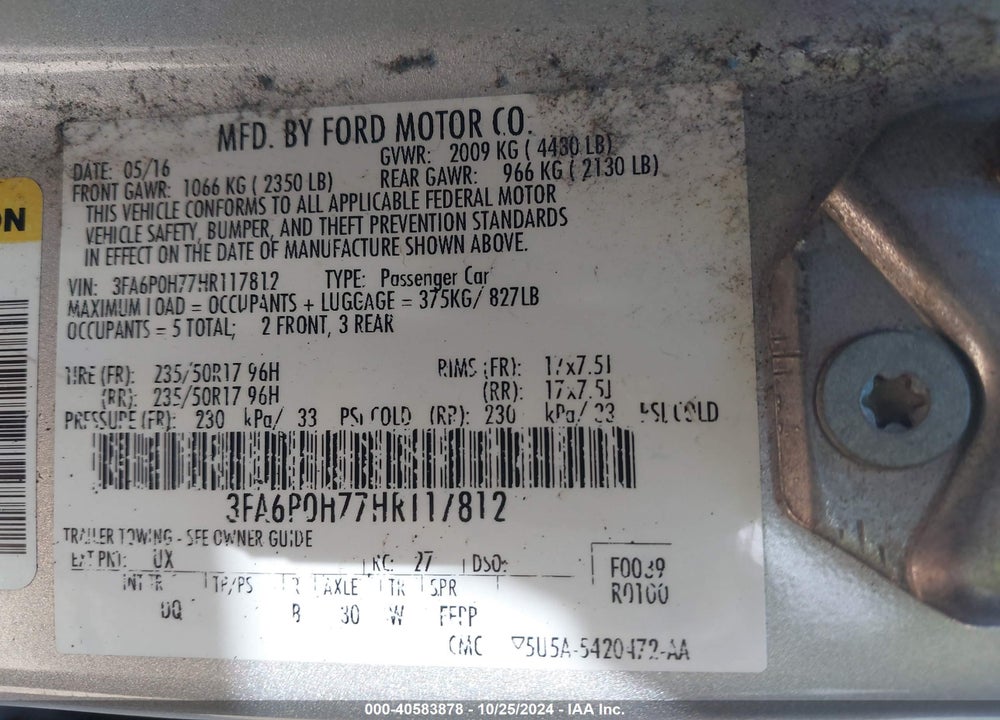 2017 FORD FUSION SE VIN: 3FA6P0H77HR117812