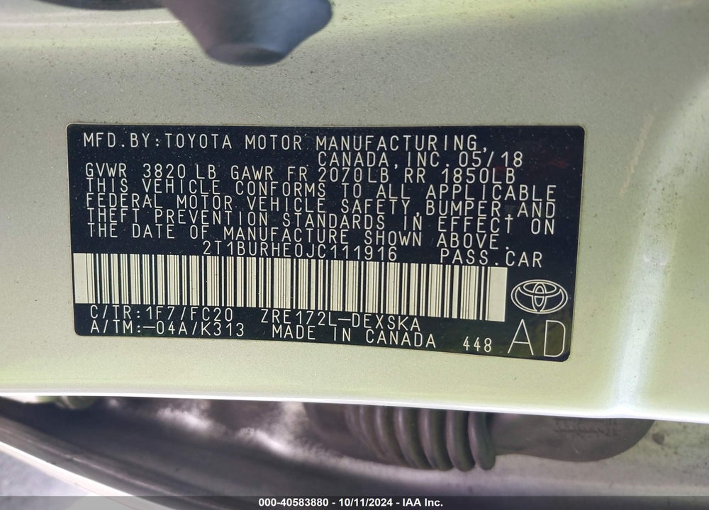 2018 TOYOTA COROLLA SE VIN: 2T1BURHE0JC111916