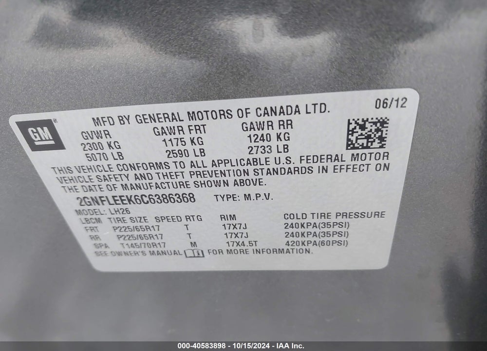 2012 CHEVROLET EQUINOX 1LT VIN: 2GNFLEEK6C6386368