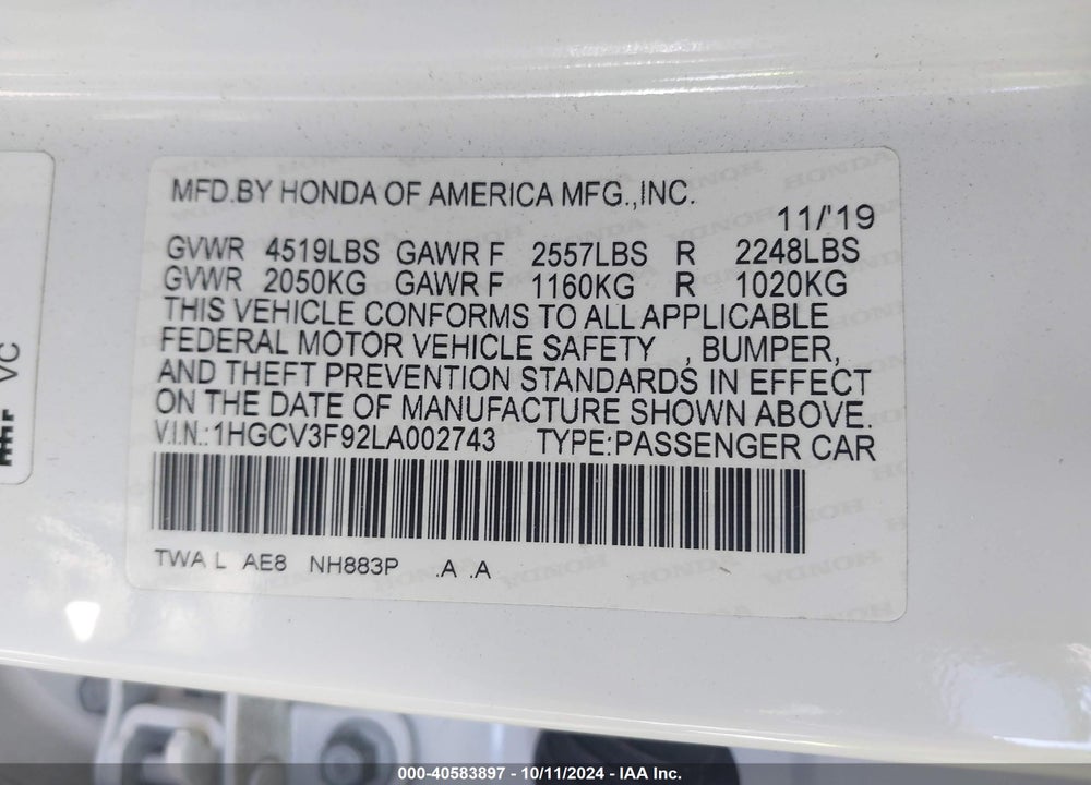 2020 HONDA ACCORD HYBRID TOURING VIN: 1HGCV3F92LA002743