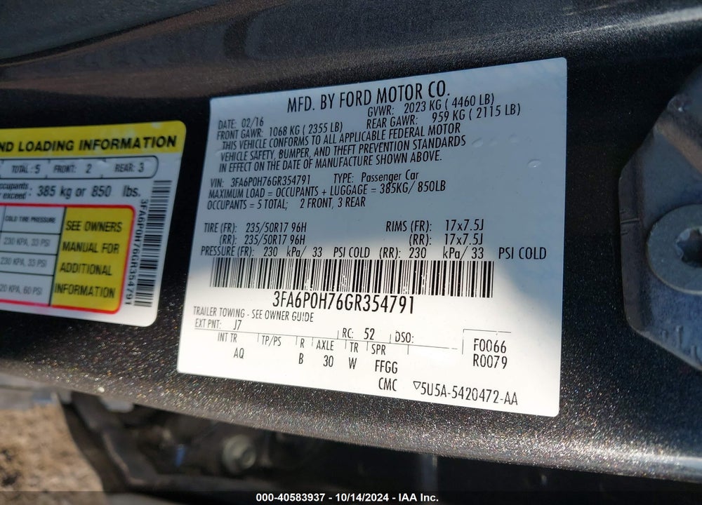 2016 FORD FUSION SE VIN: 3FA6P0H76GR354791