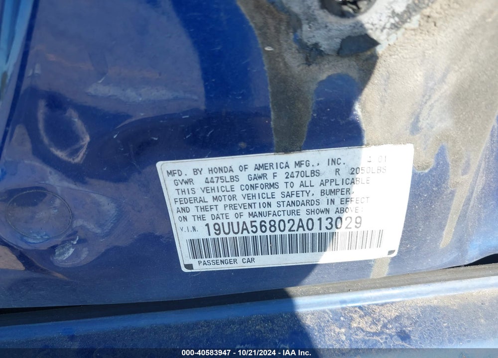 2002 ACURA TL 3.2 TYPE S VIN: 19UUA56802A013029