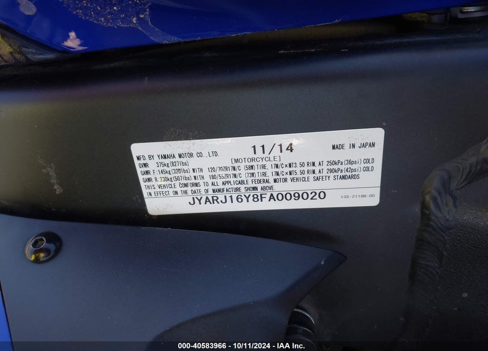 2015 YAMAHA YZFR6 C VIN: JYARJ16Y8FA009020