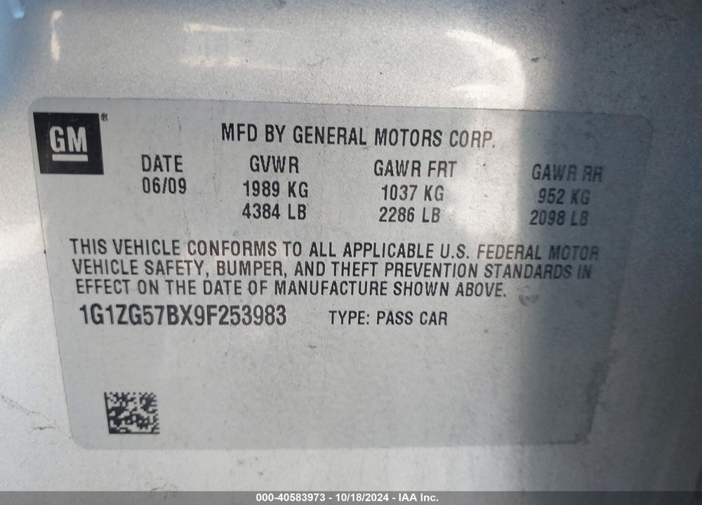 2009 CHEVROLET MALIBU LS VIN: 1G1ZG57BX9F253983