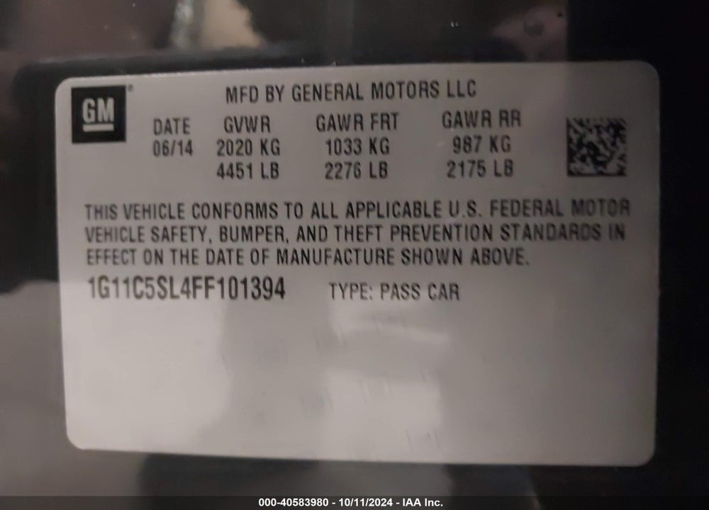 2015 CHEVROLET MALIBU 1LT VIN: 1G11C5SL4FF101394
