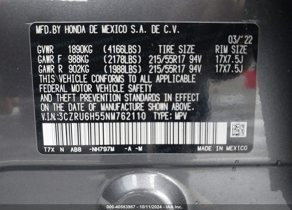 2022 HONDA HR-V AWD EX VIN: 3CZRU6H55NM762110