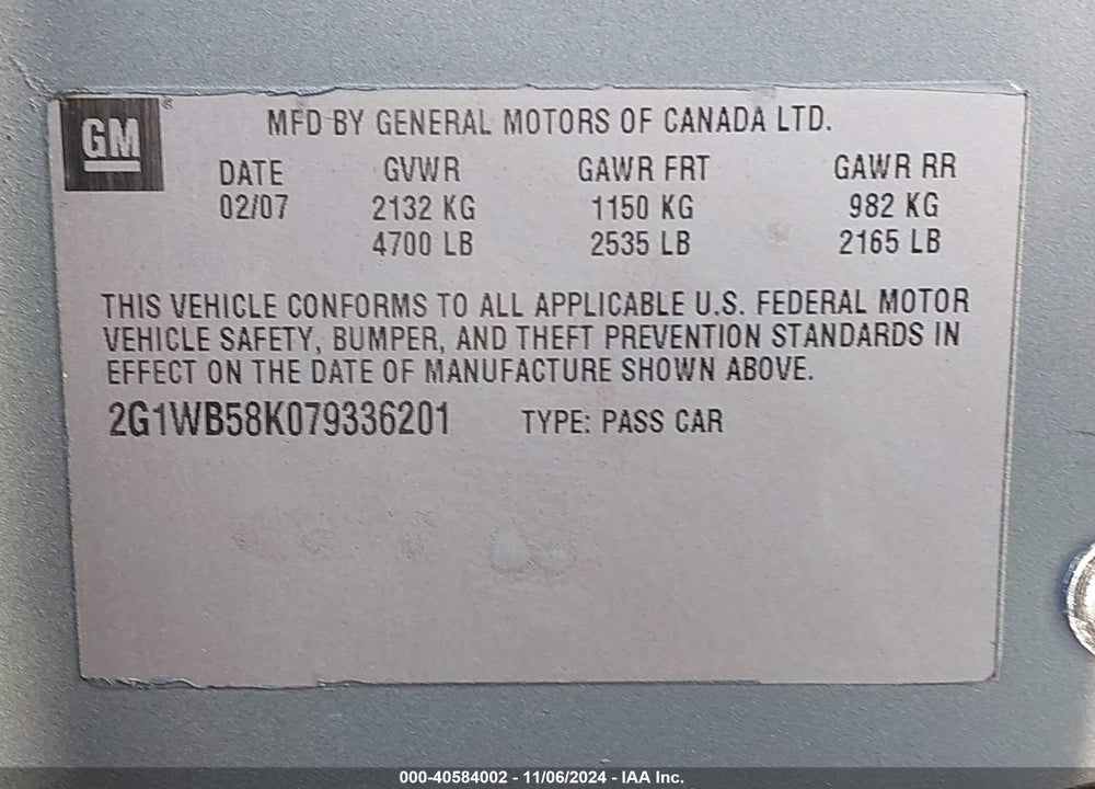 2007 CHEVROLET IMPALA LT VIN: 2G1WT58K979374085