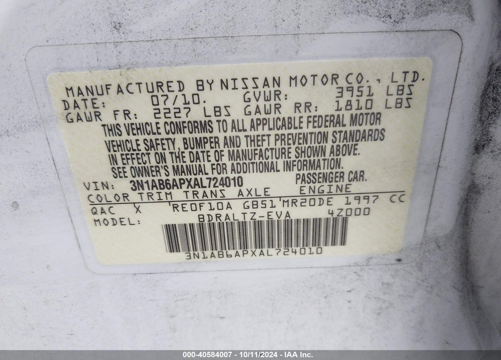 2010 NISSAN SENTRA 2.0SR VIN: 3N1AB6APXAL724010