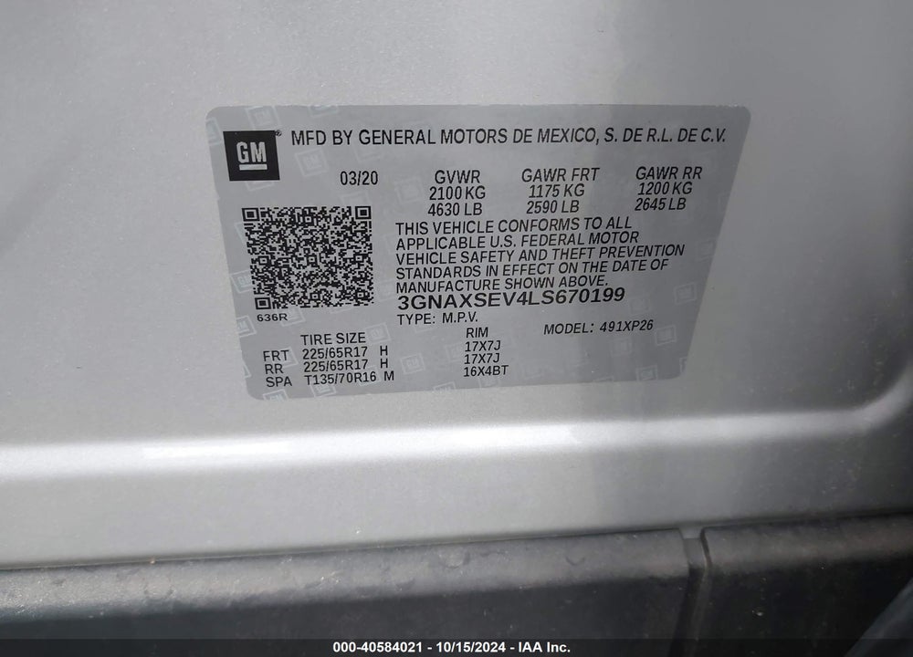 2020 CHEVROLET EQUINOX AWD LS VIN: 3GNAXSEV4LS670199